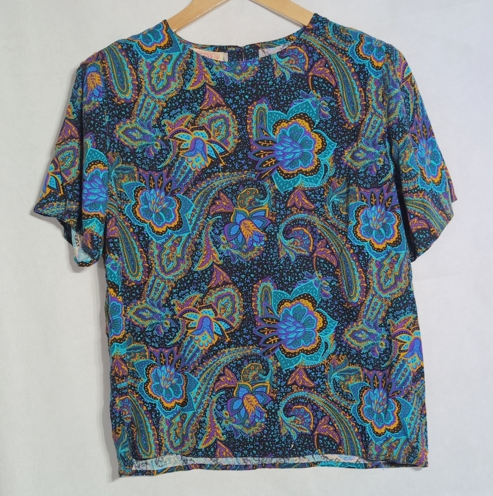 Vintage Tess Paris Milano Sz L Colorful Floral Paisley Print Top